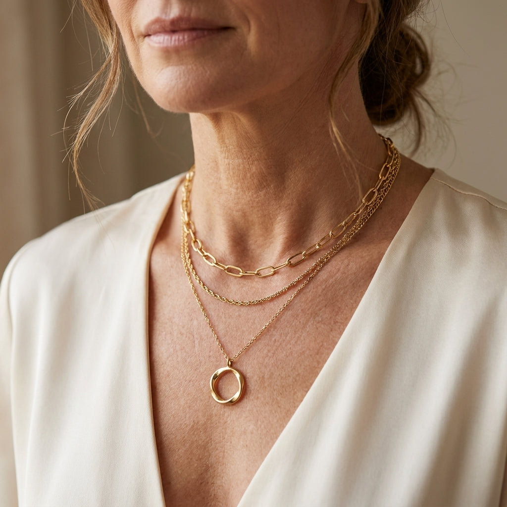 Multi-Strand Layered Chain Necklace with Circular Pendant in Gold Tone