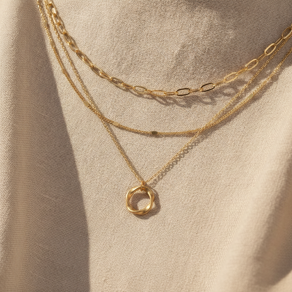 Multi-Strand Layered Chain Necklace with Circular Pendant in Gold Tone